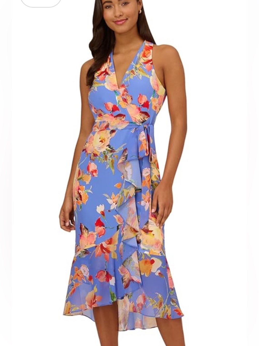 Adrianna Papell Floral Stretch Crepe Halter Dress High-Low Hem lined